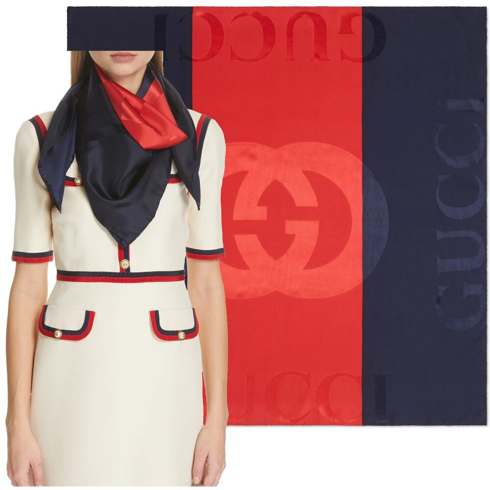 GUCCI SCARF BLUE RED WEB GG LOGO PRINT JACQUARD SILK TWILL FOULARD 35"